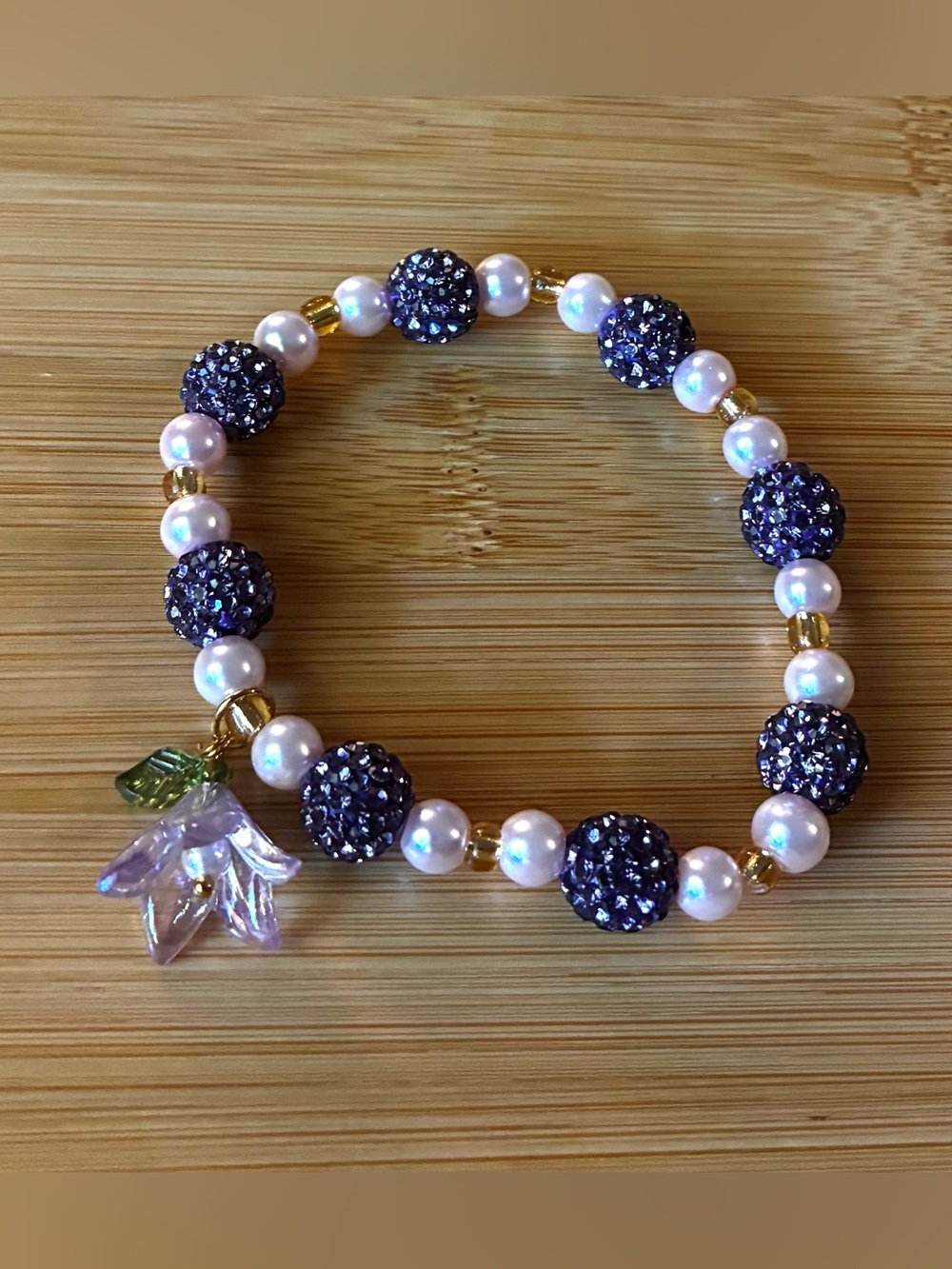 Pink & Purple Crystal Bead Stretch Bracelet with Flower Charm
